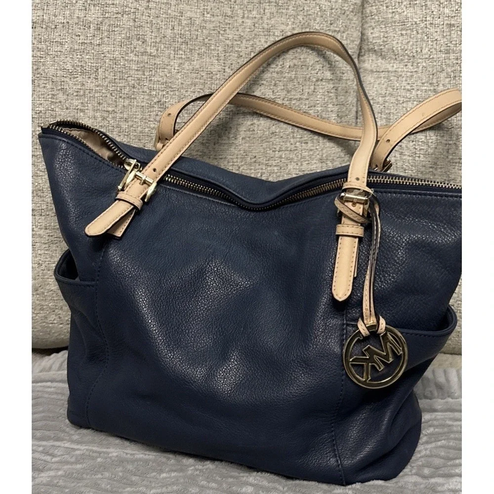 Michael Kors Navy Zip Top Tote Bag Gold Hardware w/ MK Charm Lined Pockets